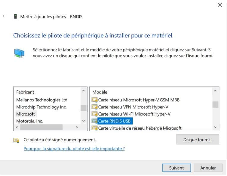 s&eacute;lectionnez Microsoft et pilote RNDIS USB