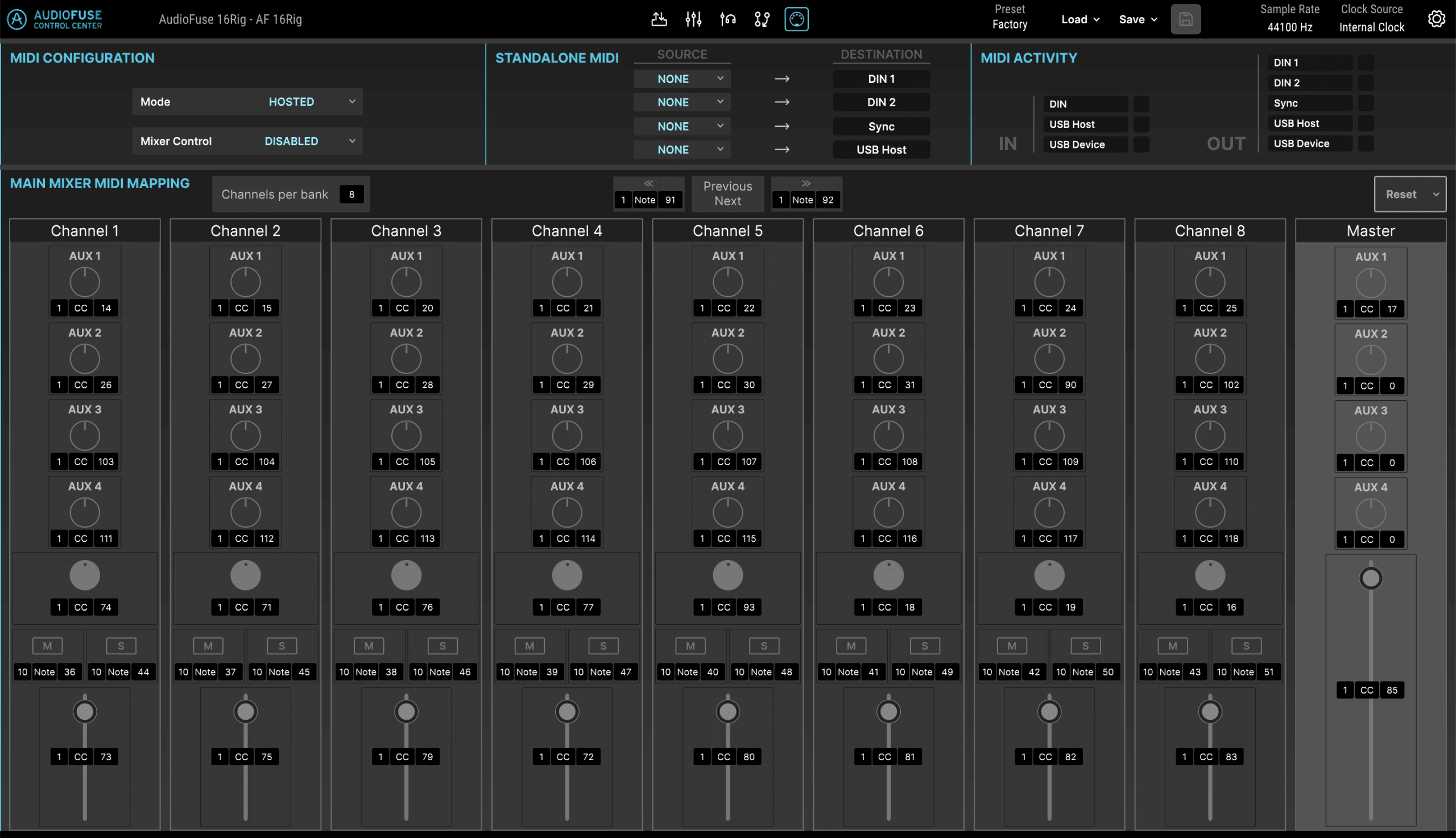 Arturia AudioFuse 16Rig idéale pour les synthétiseurs ? 39 Le logiciel AudioFuse Control Center d'Arturia onglet MIDI