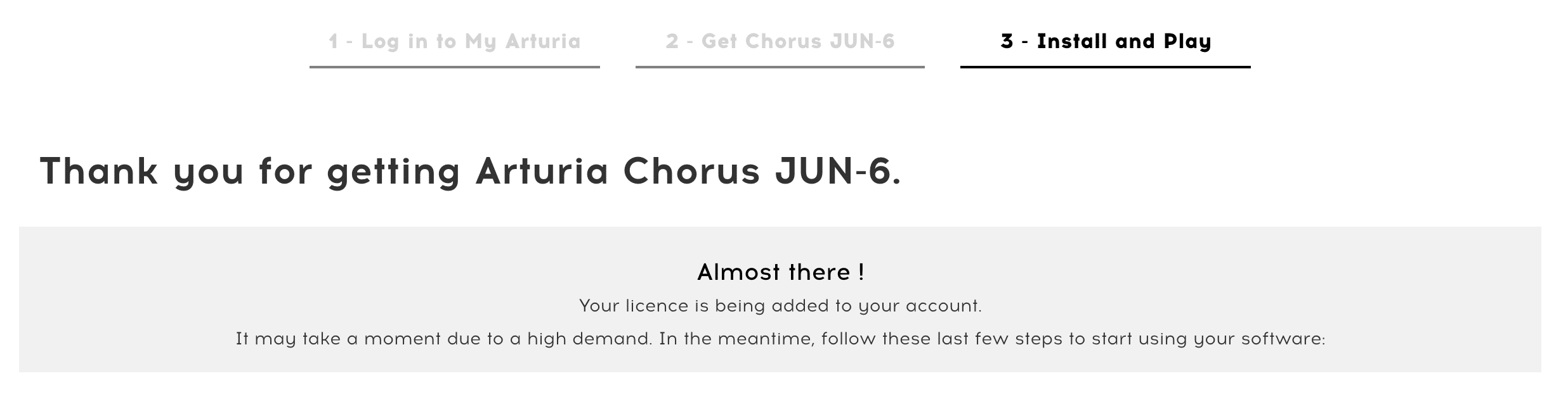 Arturia vous offre le chorus Jun-6 6 Message de confirmation du téléchargement de l'Arturia Chorus Jun-6