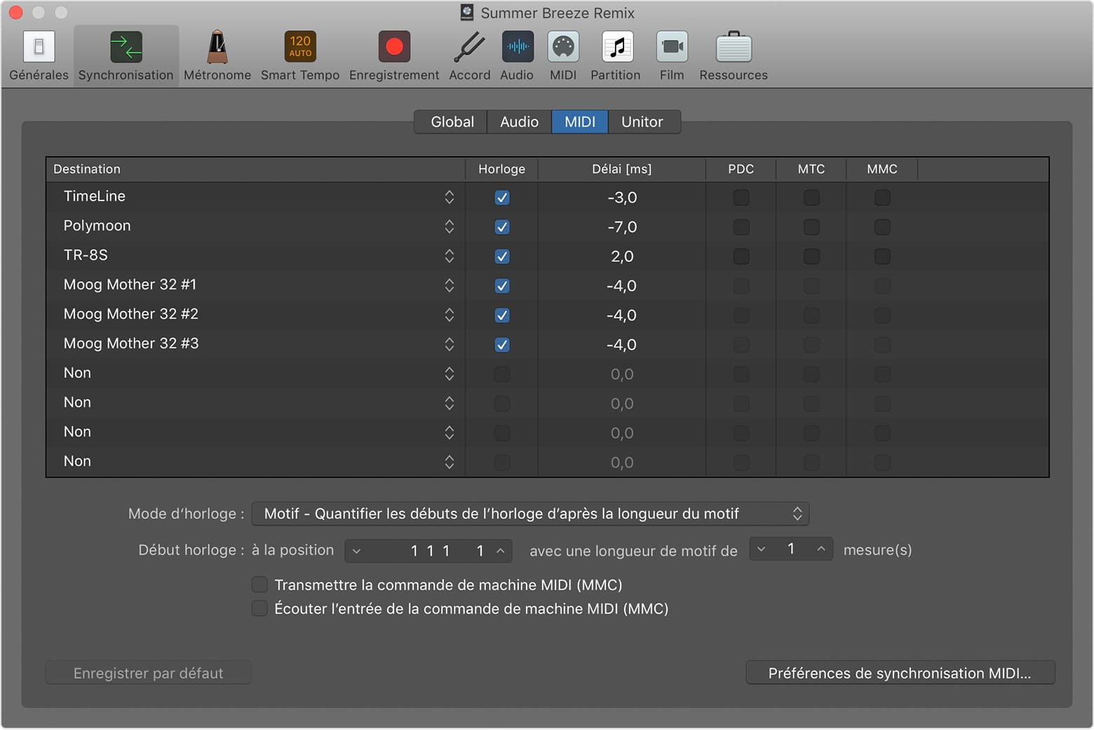Choisir votre séquenceur et synchroniser vos synthétiseurs 24 Les réglages de délais d'horloge dans Apple Logic Pro X